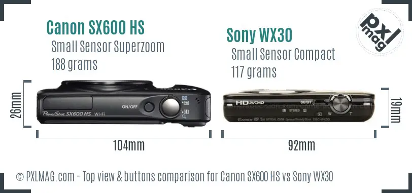 Canon SX600 HS vs Sony WX30 top view buttons comparison