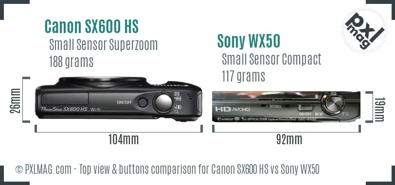 Canon SX600 HS vs Sony WX50 top view buttons comparison