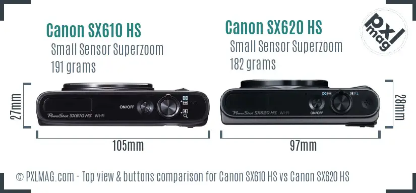Canon SX610 HS vs Canon SX620 HS top view buttons comparison