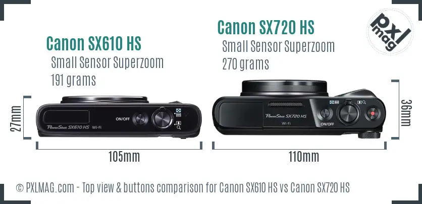 Canon SX610 HS vs Canon SX720 HS top view buttons comparison