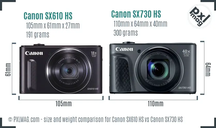 Canon SX610 HS vs Canon SX730 HS size comparison