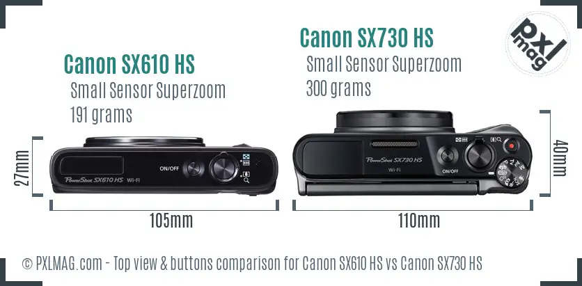 Canon SX610 HS vs Canon SX730 HS top view buttons comparison