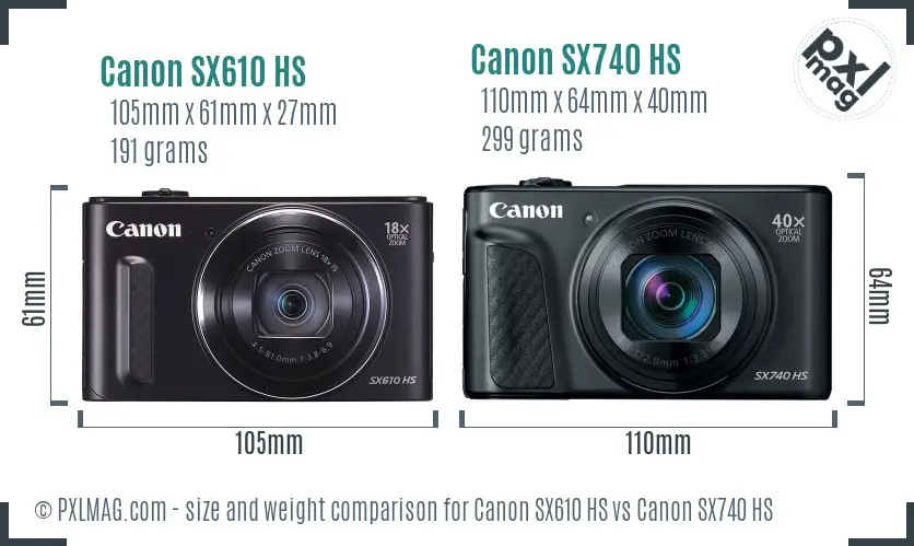 Canon SX610 HS vs Canon SX740 HS size comparison