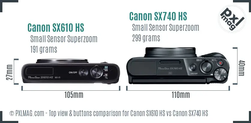 Canon SX610 HS vs Canon SX740 HS top view buttons comparison