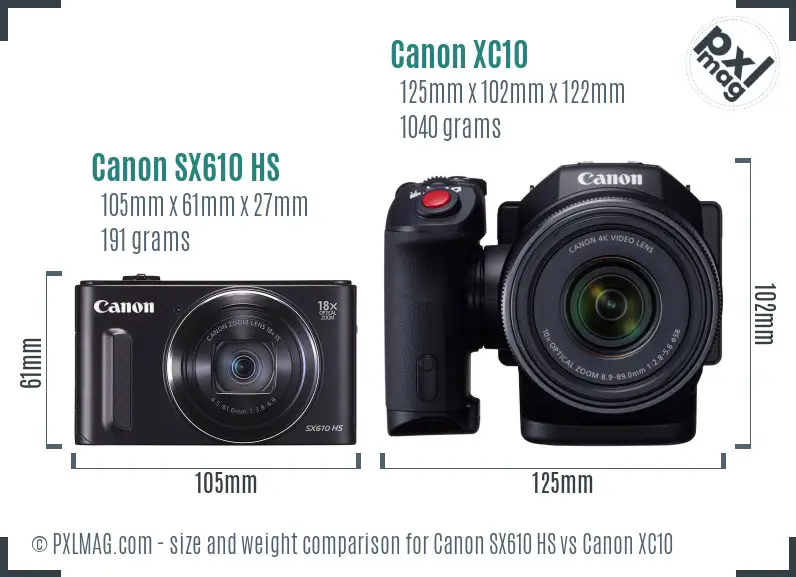 Canon SX610 HS vs Canon XC10 size comparison