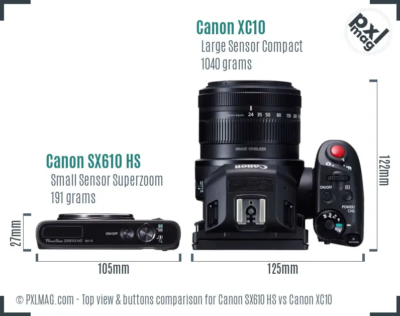 Canon SX610 HS vs Canon XC10 top view buttons comparison