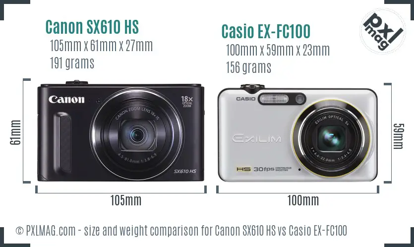 Canon SX610 HS vs Casio EX-FC100 size comparison