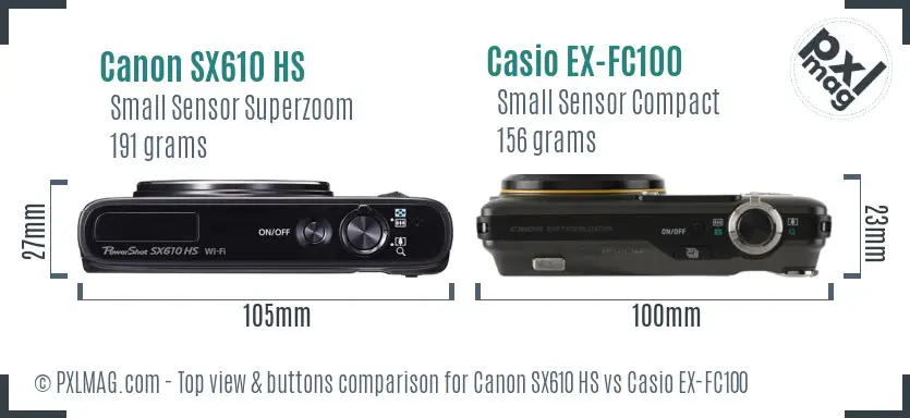 Canon SX610 HS vs Casio EX-FC100 top view buttons comparison