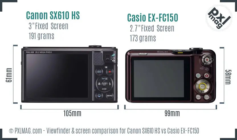 Canon SX610 HS vs Casio EX-FC150 Screen and Viewfinder comparison