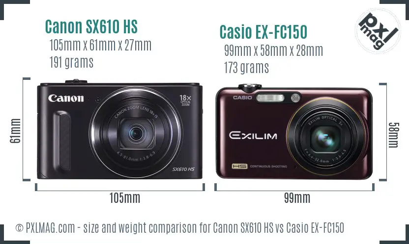 Canon SX610 HS vs Casio EX-FC150 size comparison