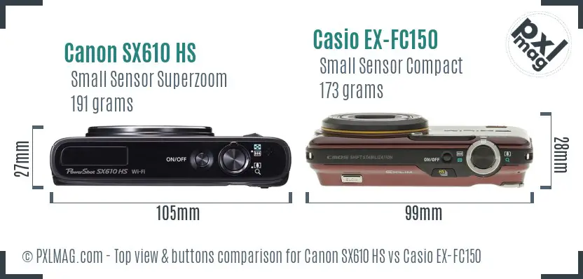 Canon SX610 HS vs Casio EX-FC150 top view buttons comparison