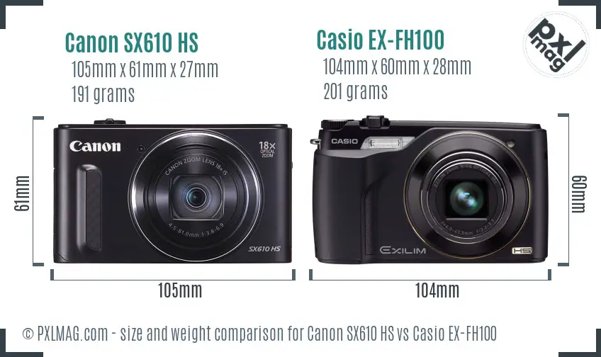 Canon SX610 HS vs Casio EX-FH100 size comparison