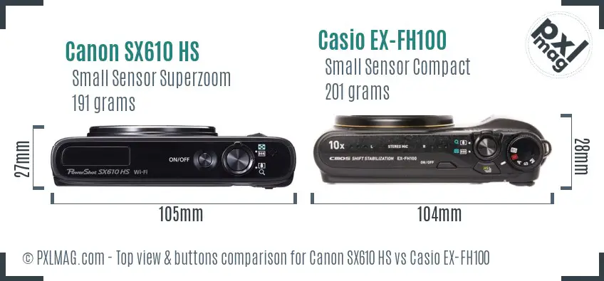 Canon SX610 HS vs Casio EX-FH100 top view buttons comparison