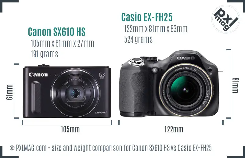 Canon SX610 HS vs Casio EX-FH25 size comparison