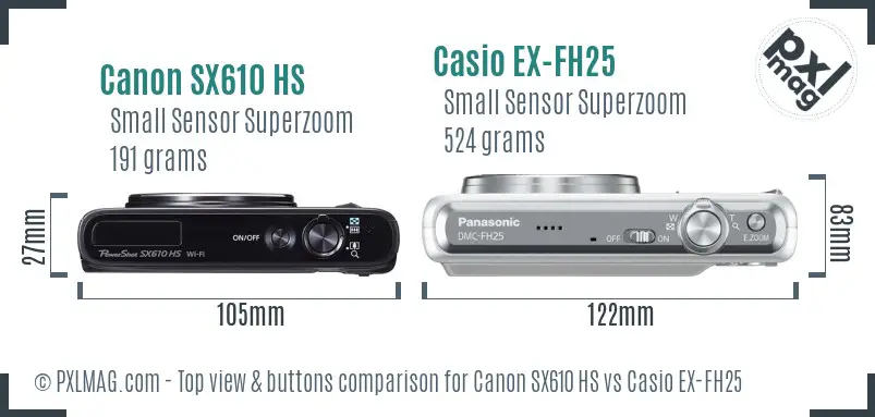 Canon SX610 HS vs Casio EX-FH25 top view buttons comparison