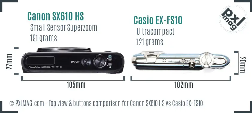 Canon SX610 HS vs Casio EX-FS10 top view buttons comparison