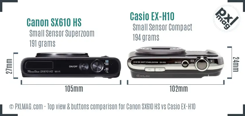 Canon SX610 HS vs Casio EX-H10 top view buttons comparison