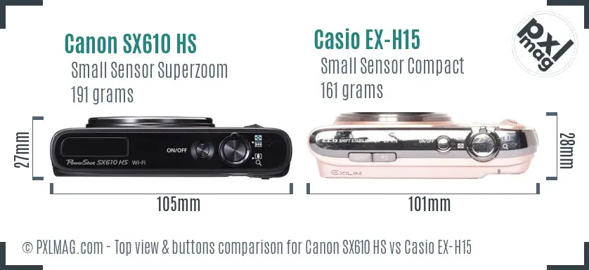 Canon SX610 HS vs Casio EX-H15 top view buttons comparison Canon SX610 HS vs Casio EX-H15 top view buttons comparison