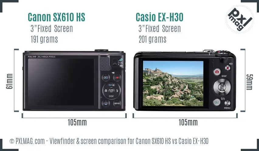 Canon SX610 HS vs Casio EX-H30 Screen and Viewfinder comparison