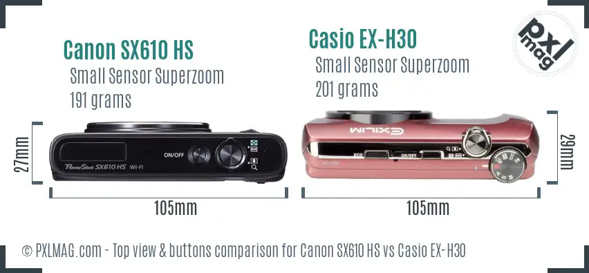 Canon SX610 HS vs Casio EX-H30 top view buttons comparison