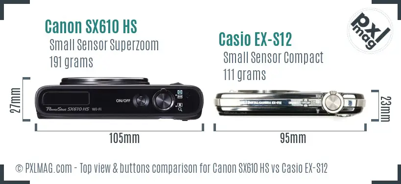 Canon SX610 HS vs Casio EX-S12 top view buttons comparison