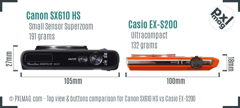 Canon SX610 HS vs Casio EX-S200 top view buttons comparison