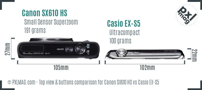Canon SX610 HS vs Casio EX-S5 top view buttons comparison