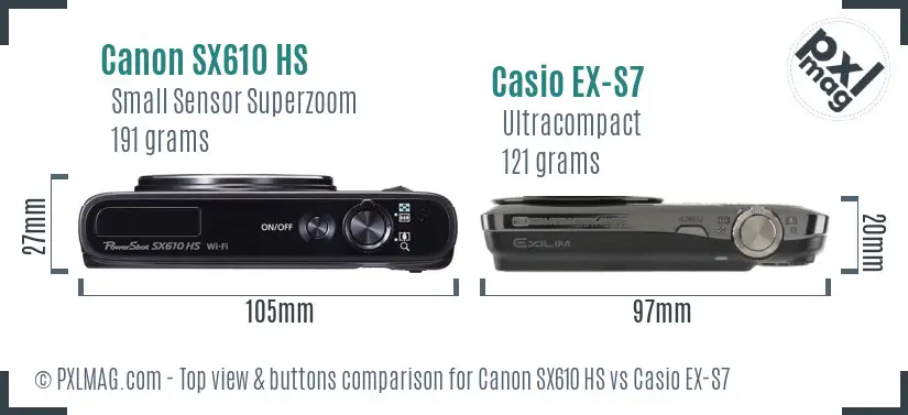 Canon SX610 HS vs Casio EX-S7 top view buttons comparison