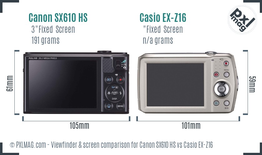 Canon SX610 HS vs Casio EX-Z16 Screen and Viewfinder comparison