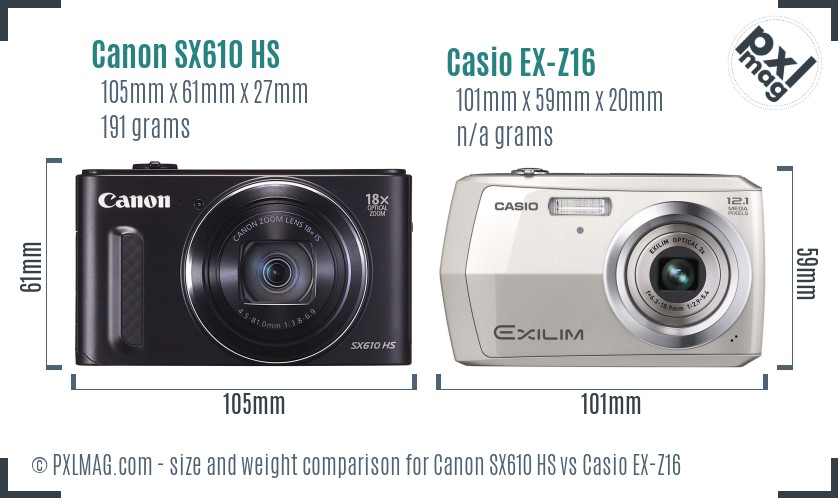 Canon SX610 HS vs Casio EX-Z16 size comparison Canon SX610 HS vs Casio EX-Z16 size comparison