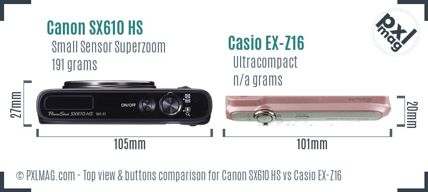 Canon SX610 HS vs Casio EX-Z16 top view buttons comparison