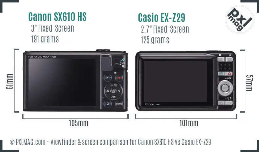 Canon SX610 HS vs Casio EX-Z29 Screen and Viewfinder comparison