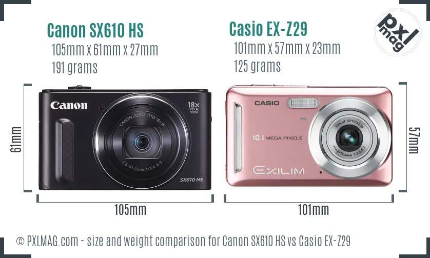 Canon SX610 HS vs Casio EX-Z29 size comparison