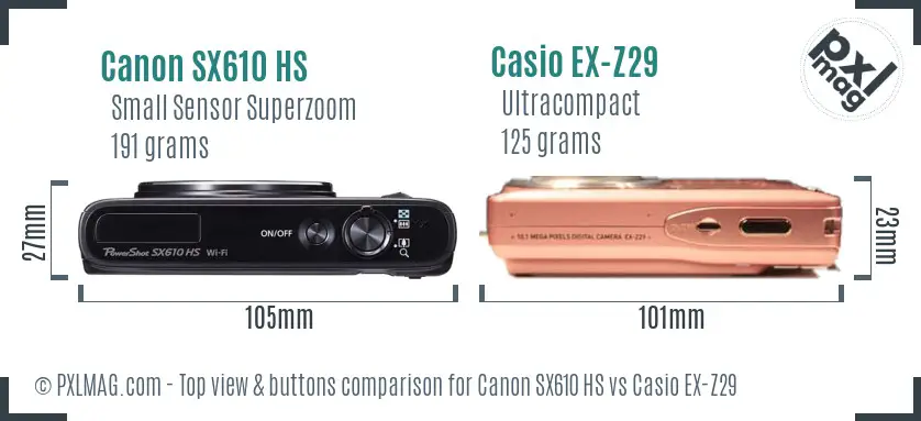 Canon SX610 HS vs Casio EX-Z29 top view buttons comparison