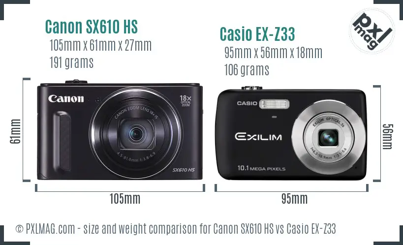 Canon SX610 HS vs Casio EX-Z33 size comparison