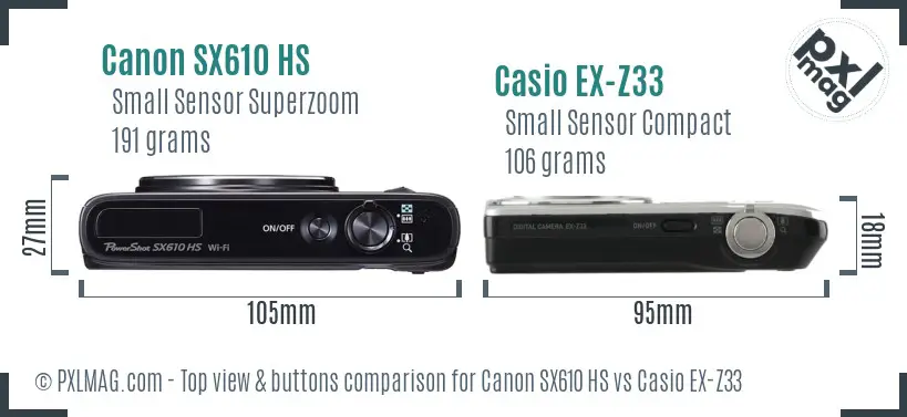 Canon SX610 HS vs Casio EX-Z33 top view buttons comparison