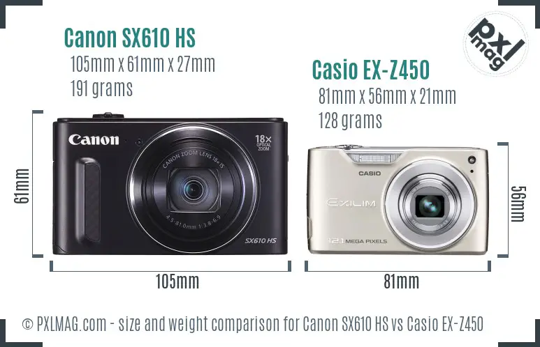 Canon SX610 HS vs Casio EX-Z450 size comparison