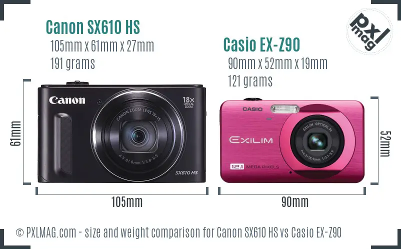 Canon SX610 HS vs Casio EX-Z90 size comparison