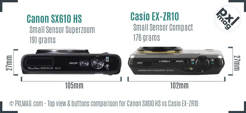 Canon SX610 HS vs Casio EX-ZR10 top view buttons comparison