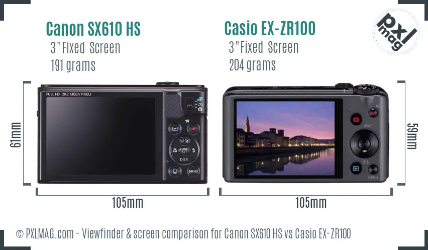 Canon SX610 HS vs Casio EX-ZR100 Screen and Viewfinder comparison