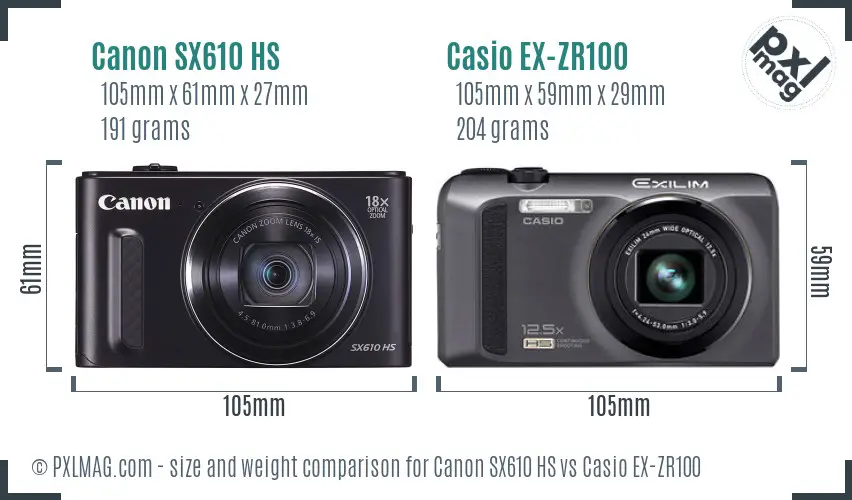 Canon SX610 HS vs Casio EX-ZR100 size comparison