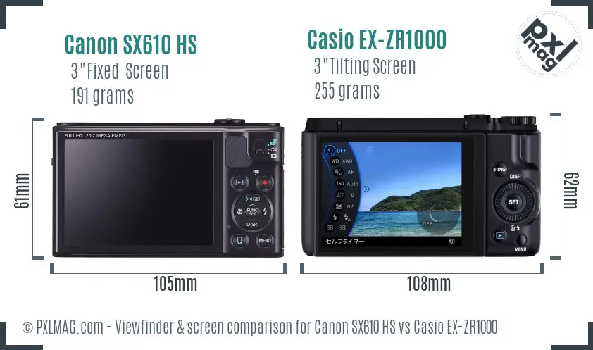 Canon SX610 HS vs Casio EX-ZR1000 Screen and Viewfinder comparison
