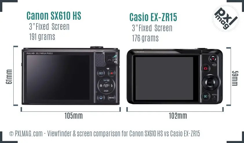 Canon SX610 HS vs Casio EX-ZR15 Screen and Viewfinder comparison