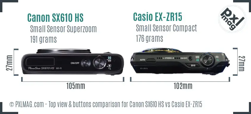 Canon SX610 HS vs Casio EX-ZR15 top view buttons comparison