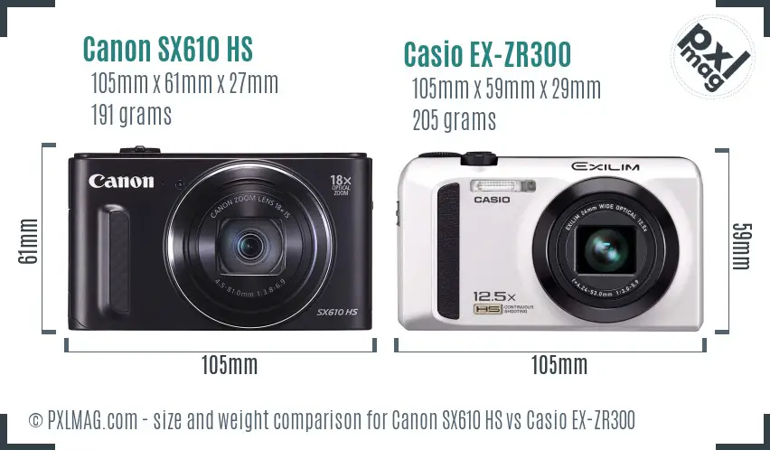 Canon SX610 HS vs Casio EX-ZR300 size comparison