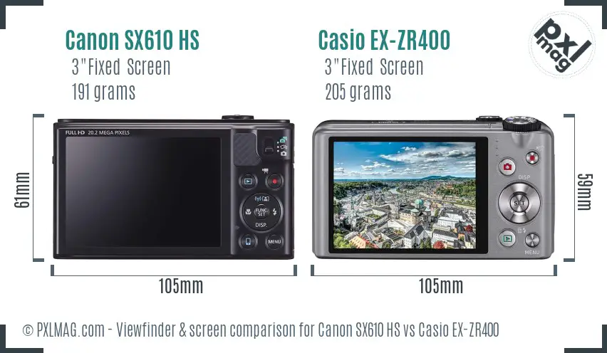 Canon SX610 HS vs Casio EX-ZR400 Screen and Viewfinder comparison