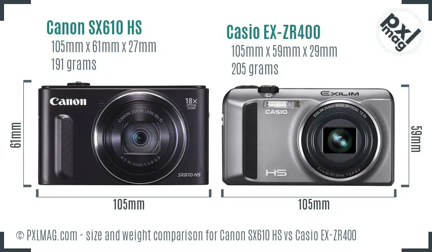 Canon SX610 HS vs Casio EX-ZR400 size comparison