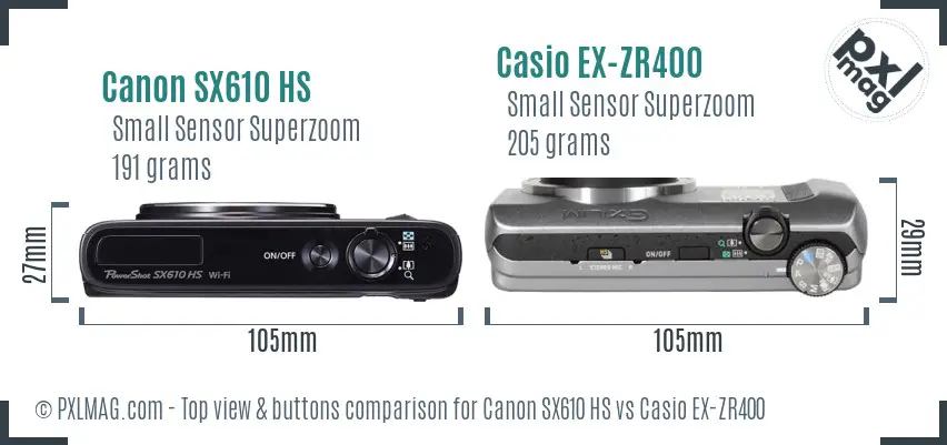 Canon SX610 HS vs Casio EX-ZR400 top view buttons comparison