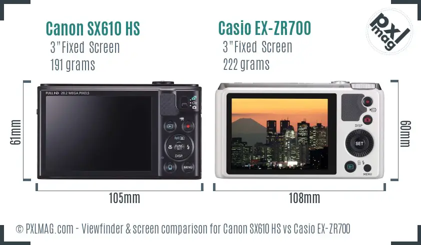 Canon SX610 HS vs Casio EX-ZR700 Screen and Viewfinder comparison