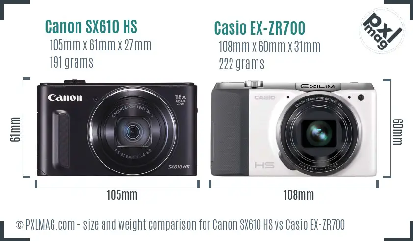 Canon SX610 HS vs Casio EX-ZR700 size comparison